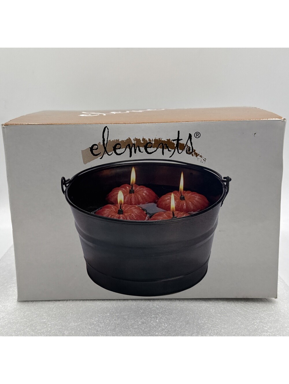 1999 Elements Halloween Fall Metal Tub Floating 4 Pumpkin Candles 9.5x5.5” Party